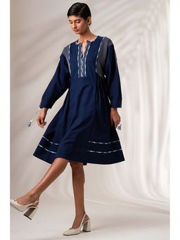 MADDER MUCH - Indigo Cotton V-Neck Embroidered Midi Dress