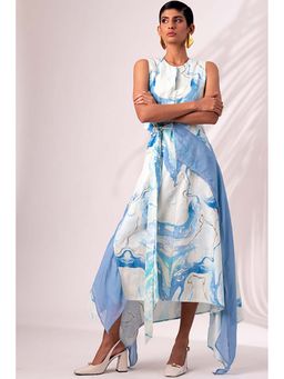 MADDER MUCH - Blue Cotton Round Neck Abstract Midi Dress