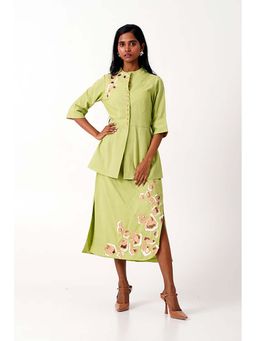 MADDER MUCH - Cotton Green Mandarin Neck Solid/Plain Peplum Top With Skirt