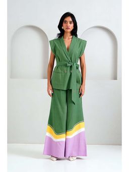 MADDER MUCH - Cotton Green V-Neck Solid/Plain Top With Palazzo Co-Ord's