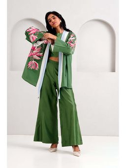 MADDER MUCH - Cotton Green Crew Neck Floral Top With Palazzo And Jacket