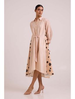 MADDER MUCH - Pink Chanderi Collar Neck Stripes A-Line Midi Dress