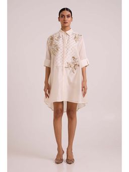 MADDER MUCH - Ivory Chanderi Collar Neck Floral A-Line Mini Dress