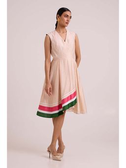 MADDER MUCH - Peach Cotton V-Neck Stripes Midi Dress