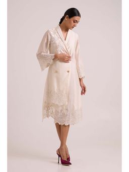 MADDER MUCH - Ivory Chanderi V-Neck Embroidered A-Line Midi