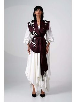 MADDER MUCH - Burgundy Modal V-Neck Floral Asymmetrical Maxi Dress With Jacket