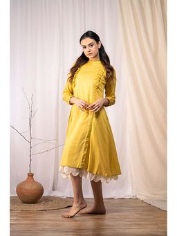 Taraasi - Ocean Pearl' Mustard Mulmul Cotton Dress