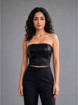 MIXT by Nykaa Fashion - Women Black Sequinned Strapless Tube Crop Top