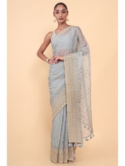 Soch - Women Grey Organza Embroidered Saree with Unstitched Blouse