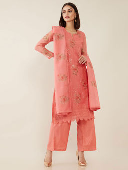 Soch - Coral Machine Embroidery Organza Unstitched Dress Material - 3 Meter Kurta Fabric