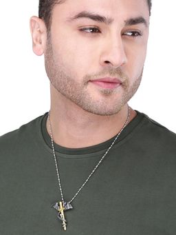 Yellow Chimes - Silver and Gold - toned Stainless Steel Sword Dragon Pendant with Chain