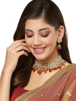 Dugran By Dugristyle - Red and Green Jhumkas Earring with Kundan & Pearls