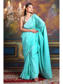 CHARUKRITI - Blue Blended Silk Soft Saree with Woven Design and Unstitched Blouse