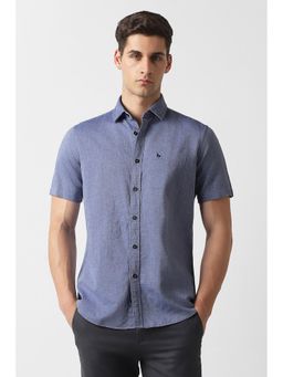 Van Heusen - Men Blue Textured Half Sleeves Casual Shirt