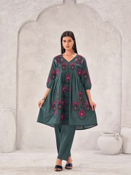 Tikhi Imli - Sage Green Pure Cotton with Multi Embroidery Co-Ord Set