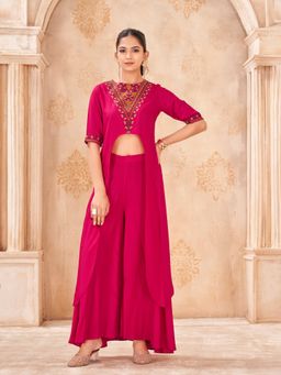 Tikhi Imli - Tomato Pink Rayon with Multi Embroidered Top with Palazzo