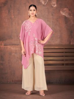 Tikhi Imli - Pink Georgette with White Embroidered Kaftan Kurti with Palazzo