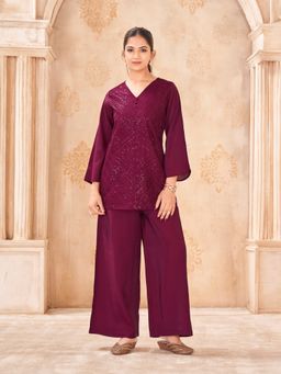 Tikhi Imli - Burgundy Silk Blend with Sequence Embroidered Tunic with Palazzo