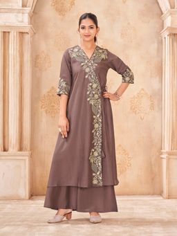 Tikhi Imli - Brown Silk Blend with Embroidered Angarkha Kurta with Palazzo