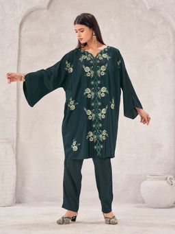 Tikhi Imli - Bottle Green Crepe with Multi Embroidery Over Size Co-Ord Set