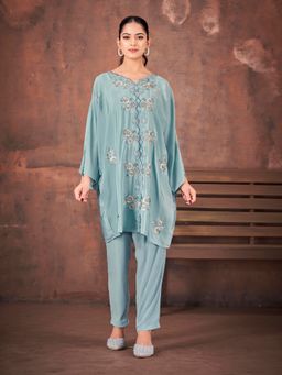 Tikhi Imli - Aqua Crepe with Multi Embroidered Over Size Co-Ord Set