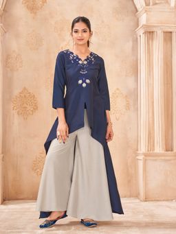 Tikhi Imli - Navy Blue Silk Blend with Zari Work Embroidered Tunic with Palazzo