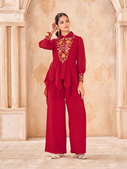 Tikhi Imli - Red Georgette with Multi Thread Embroidered Asymmetric Tunic with Palazzo