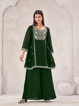Tikhi Imli - Dark Green Silk Blend Embroidered Tunic with Palazzo