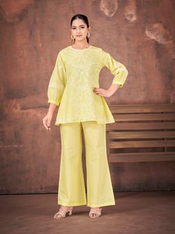 Tikhi Imli - Yellow Pure Cotton with White Thread Embroidered Tunic with Palazzo