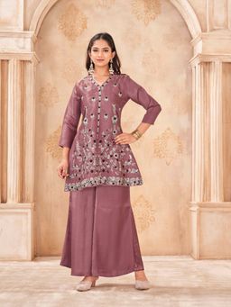 Tikhi Imli - Mauve Silk Blend with Zari Embroidered Tunic with Palazzo