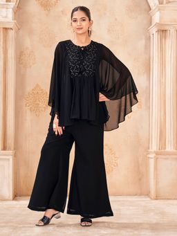 Tikhi Imli - Black Georgette with Sequins Thread Embroidered Kaftan Tunic with Palazzo