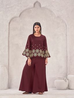 Tikhi Imli - Maroon Silk Blend with Coding Sequins Embroidery Tunic with Palazzo