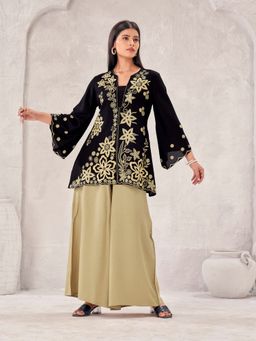 Tikhi Imli - Black Khaki Rayon with Thread Embroidered Tunic with Palazzo