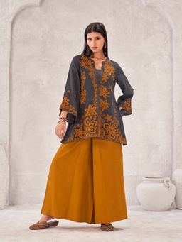 Tikhi Imli - Grey Orange Rayon with Thread Embroidered A-Line Tunic with Palazzo