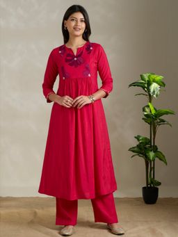 FASHOR - Floral Embroidered A-Line Pleated Co-Ord Set