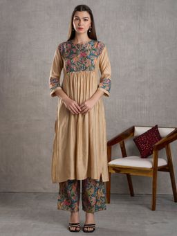 FASHOR - Floral Printed Yoke A-Line Kurta with Pant