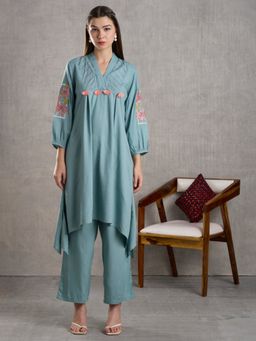 FASHOR - Floral Embroidered A-Line High Low Fit Blue Co-Ord Set