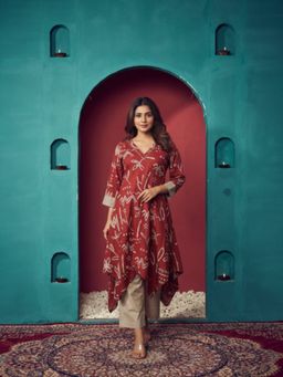 FASHOR - Abstract Printed Embroidered Asymmetric Kurta with Pant