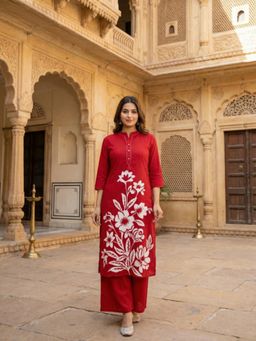 FASHOR - Floral Printed Straight Fit Red Co-Ord Set