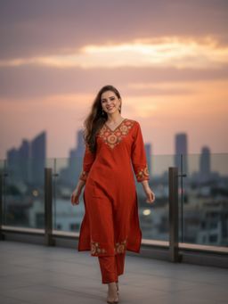 FASHOR - Thread Embroidered Straight Kurta with Pant
