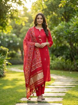 FASHOR - Floral Embroidered Straight Kurta With Pant & Dupatta