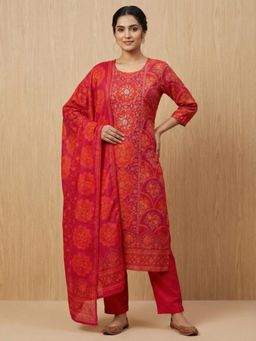 FASHOR - Floral Printed Embroidered Jacquard Kurta With Pant & Dupatta