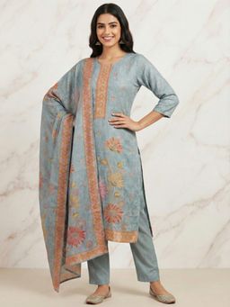 FASHOR - Ethnic Printed Embroidered Straight Kurta With Pant & Dupatta