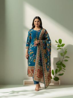 FASHOR - Floral Kalamkari Printed Sequin Embellished Straight Kurta With Pant & Dupatta