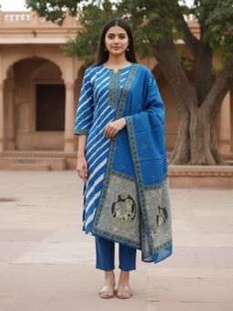 FASHOR - Lehariya Printed Sequin Embellished Straight Kurta With Pant & Dupatta
