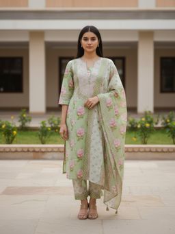 FASHOR - Floral Printed Embroidered A-Line Kurta With Pant & Dupatta