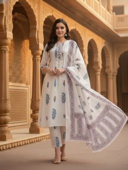 FASHOR - Floral Printed A-Line Kurta With Pant & Dupatta