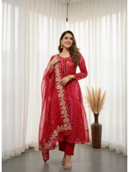 FASHOR - Bandhani Printed Zari Sequin Embroidered Anarkali Kurta With Pant & Dupatta