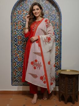 FASHOR - Floral Embroidered Straight Kurta With Pant & Dupatta
