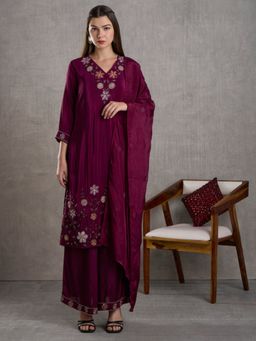 FASHOR - Hand Embroidered Straight Kurta With Palazzo & Dupatta